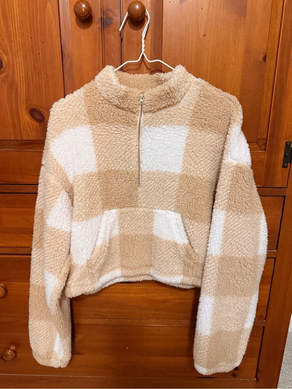 SHEIN Cream & Tan Check Sherpa Half-Zip Pullover